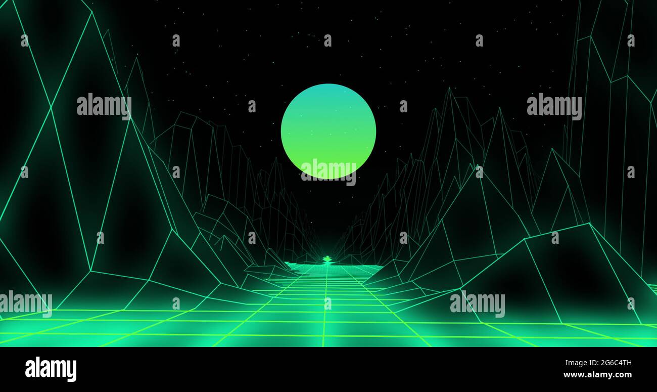 3D mountains over grid lines against green round shape on black background Stock Photo