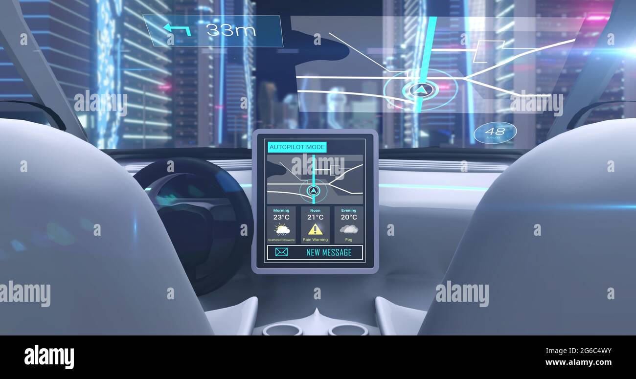 Image game simulation screen showing car cockpit driving through city streets Stock Photo