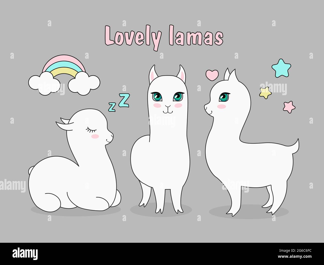 Vector illustration set of beautiful cute llama alpaca. Happy lama, in love, sleeping alpaca with stars and rainbow in cartoon style. Stock Vector