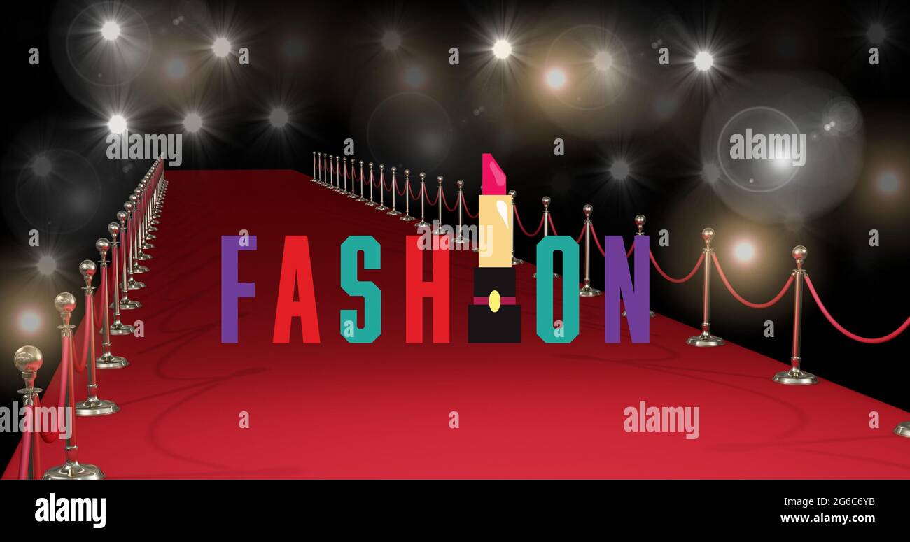 Composition of fashion text on red carpet at fashion show, on black background Stock Photo