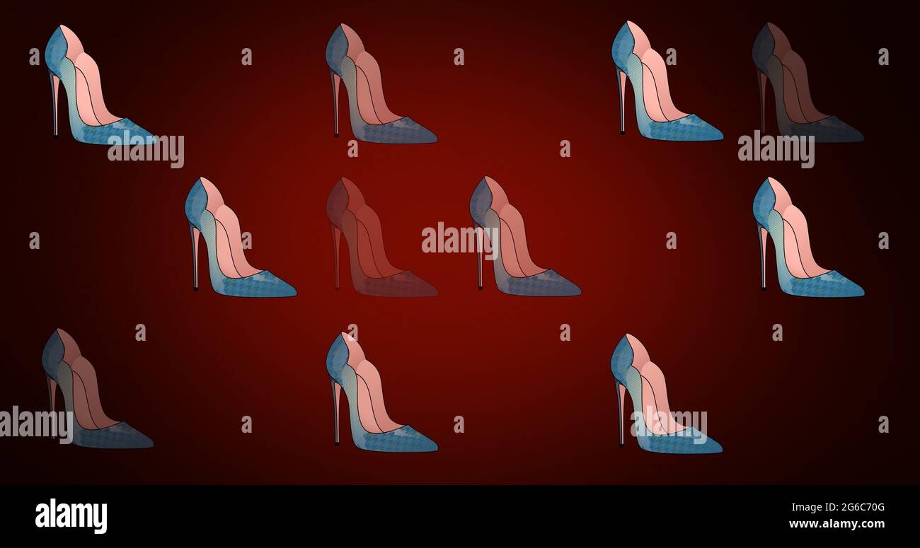 Composition of shoes repeated on red background Stock Photo