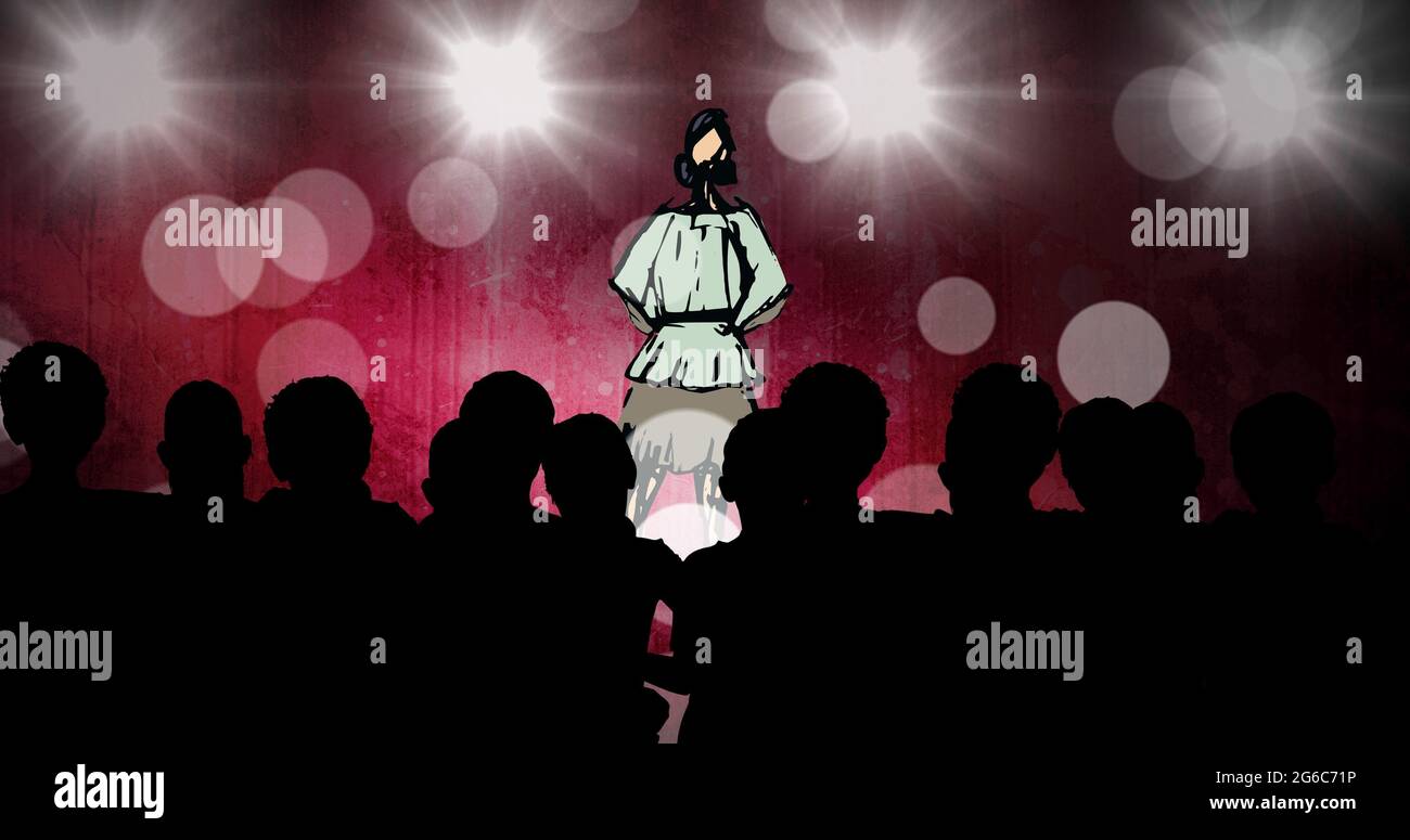 Composition of fashion drawing of model on catwalk at fashion show, on red background Stock Photo