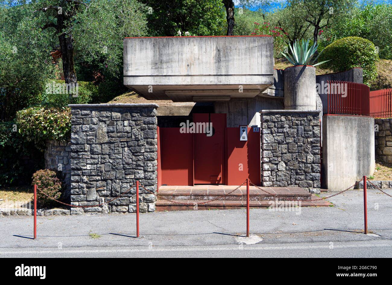 Entrance of a futuristically designed house in Gardone Riviera Garda Lake Italy Stock Photo