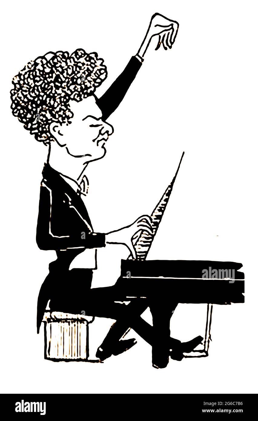 H Bauer virtuoso piano & violin musician, from a book of cartoon caricatures of famous people of the time by artist Giovanni Viafora (USA).    -----British born Harold Victor Bauer ( 1873 – 1951) was a renowned pianist of  German Jewish heritage who was also acclaimed for his violin playing. Stock Photo