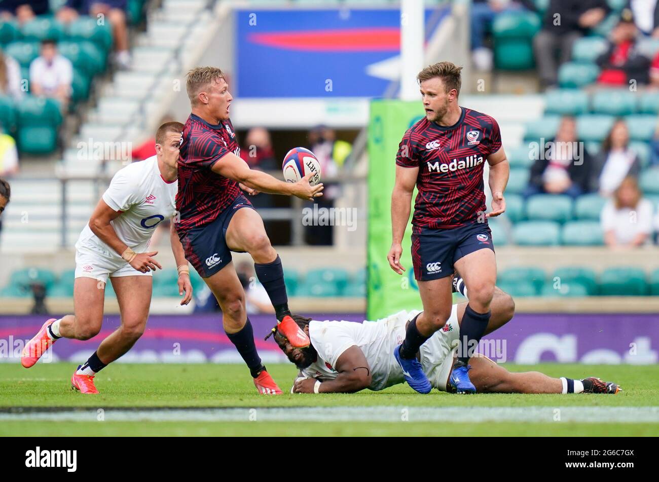 USA Rugby's Hanco Germishuys passes to centre Calvin Whiting during the  England -V- USA Rugby match on Saturday, July 4, 2021, at Twickenham  Stadium, Middlesex, United Kingdom. (Steve Flynn/Image of Sport/Sipa USA