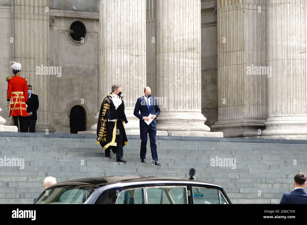 London, UK. 5th July 2021 St Paul's Cathedral, London, UK. A service was held today on the 73rd birthday of the NHS, to give thanks in honour of the dedication and sacrifice of NHS staff during the coronavirus pandemic.  PICTURED: HRH Prince William the Duke of Cambridge leaves the service with William Russell the Lord Mayor of the City of London. Bridget Catterall/Alamy Live News Stock Photo