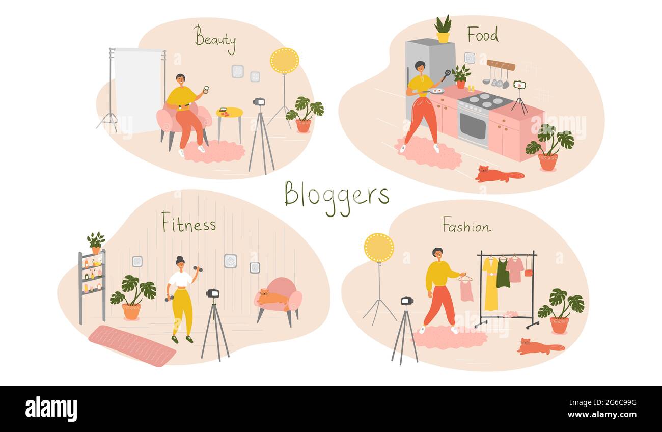 Set of bloggers and vloggers characters making internet content. Beauty ...