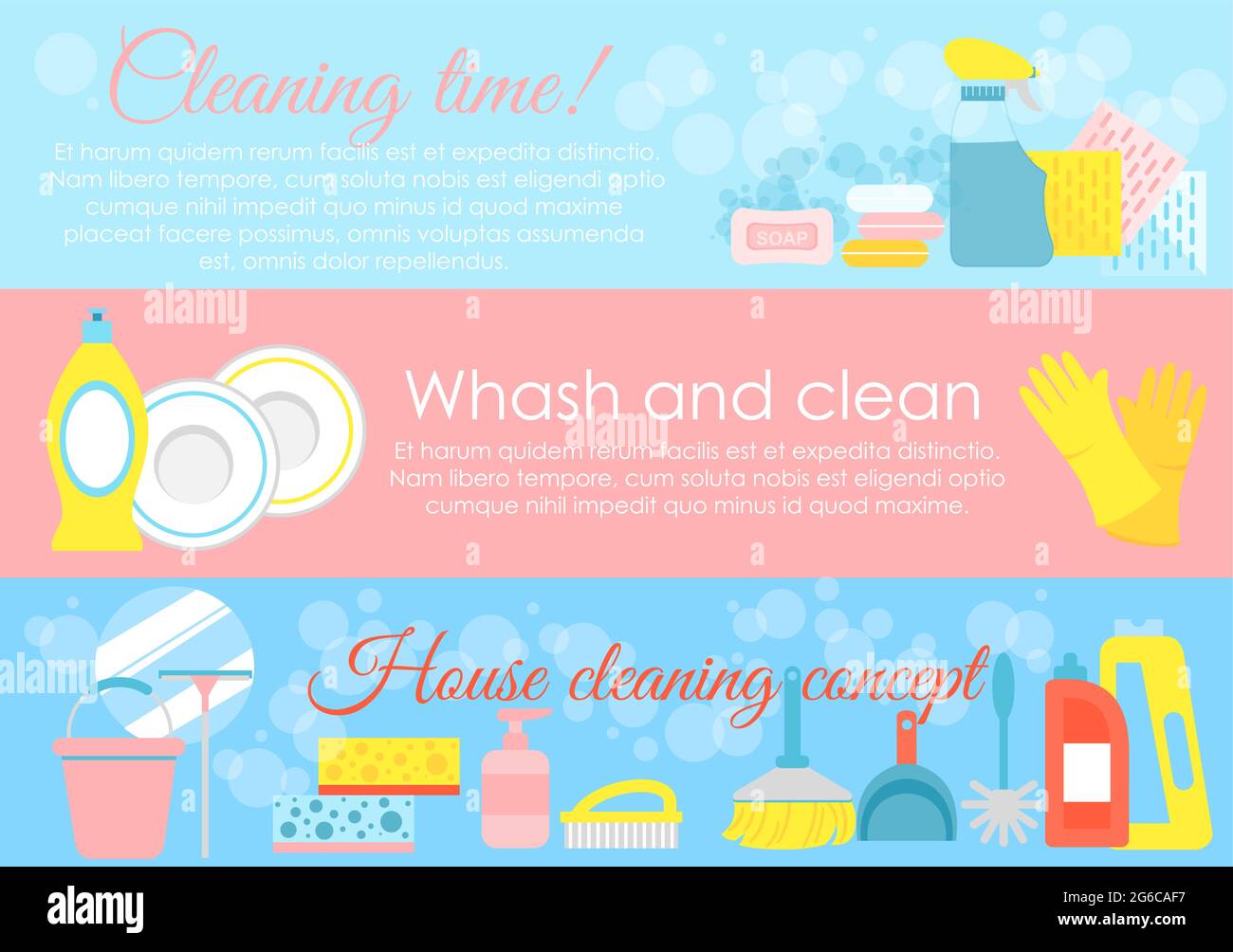 Vector illustration set of house cleaning elements, hygiene concepts with place for text and lot of icons in pastel blue and pink colors in flat style Stock Vector
