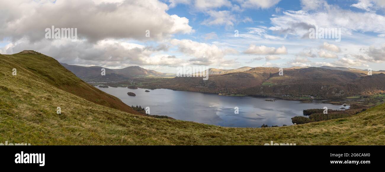 Pano of Derwentwater in the Lake District National Park, England.  This is a great wide vista of the Lake District with Catbells Mountain. Stock Photo
