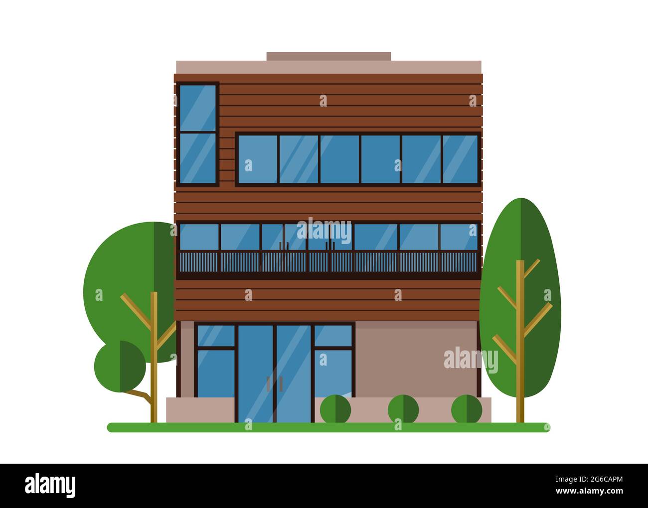 Vector illustration of beautiful modern real estate house. Family dream home with trees. Architect business concept. Facade apartment house, cottage Stock Vector