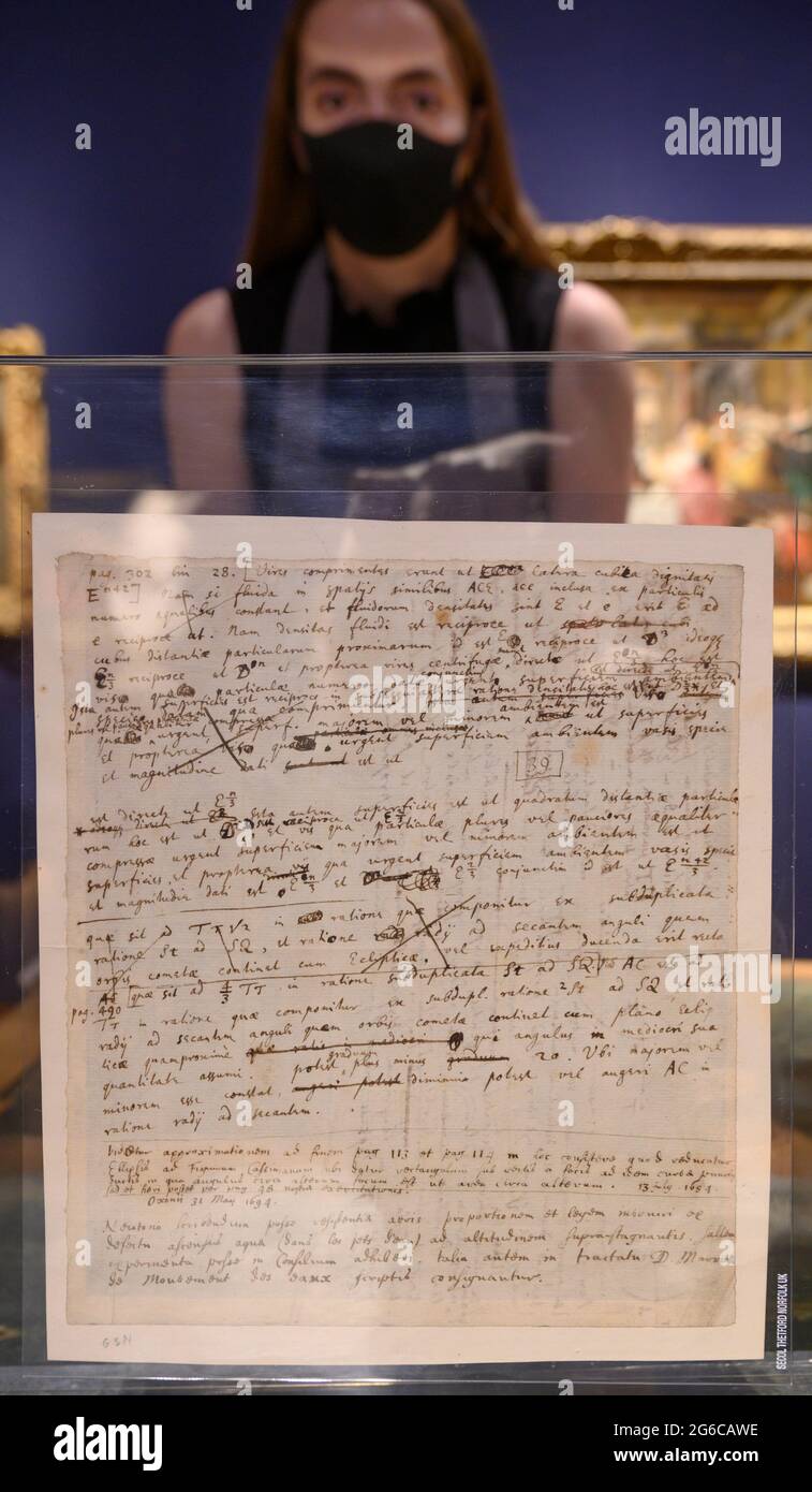 Christie’s, London, UK. 5 July 2021. Preview of Christie’s Classic Week is a marquee series of 9 auctions featuring art from antiquity to the 20th century. Image: Christie’s The Exceptional Sale. Image: ISAAC NEWTON (1642-1727). Autograph manuscript, [Cambridge, c. May-July 1694], revisions to three sections of the first edition of the Philosophiae naturalis principia mathematica, a heavily corrected draft with three additional notes by the Scottish mathematician and astronomer David Gregory. Estimate £600,000-900,000 Credit: Malcolm Park/Alamy Live News Stock Photo