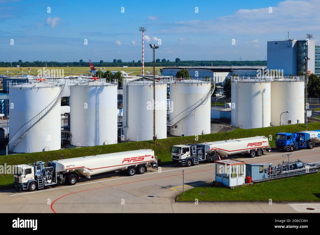 Duesseldorf, North Rhine-Westphalia, Germany - aviation fuel storage tanks at Duesseldorf airport, aircraft fueling and aviation fuel storage by AFS A Stock Photo