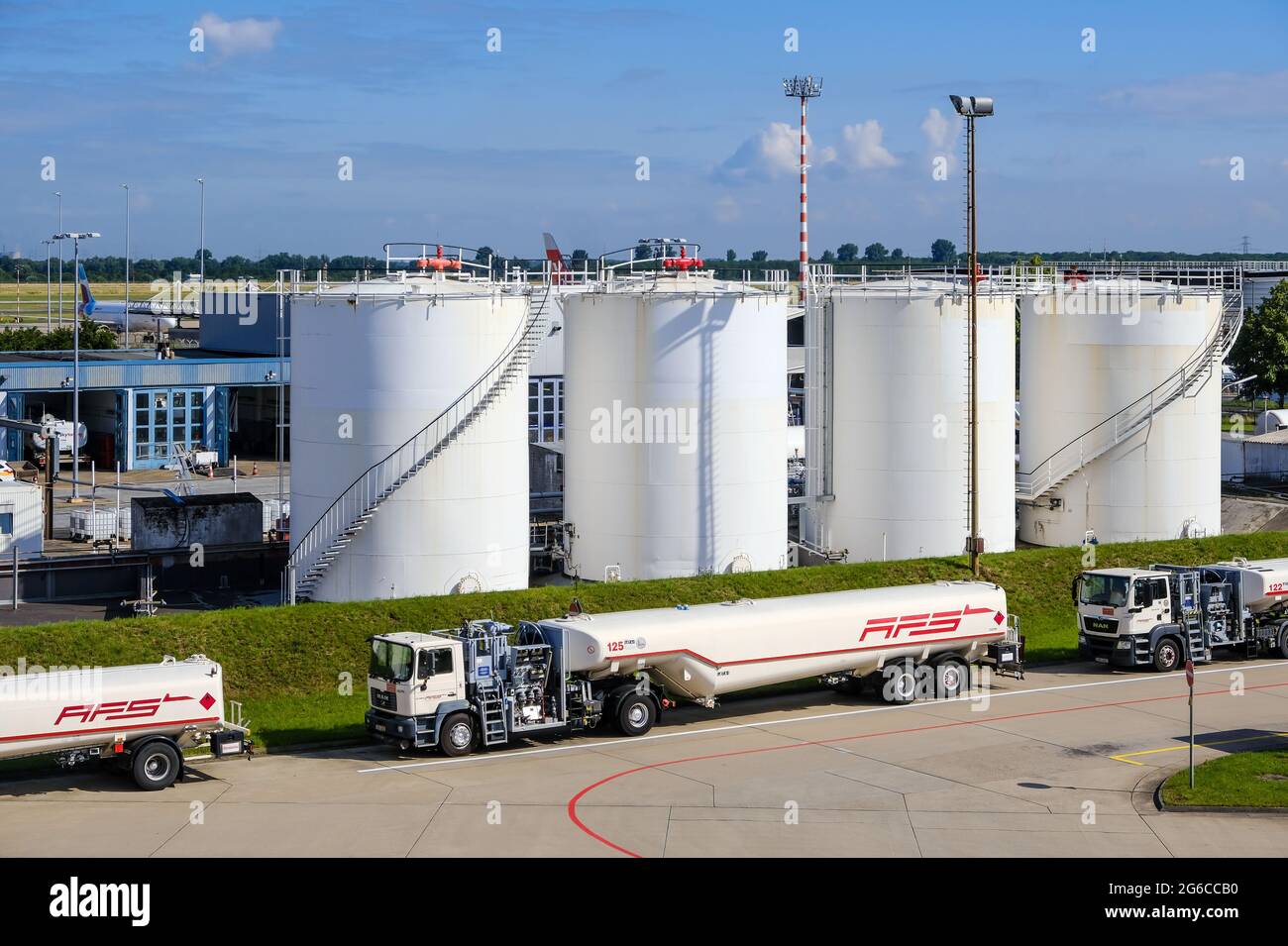 Duesseldorf, North Rhine-Westphalia, Germany - aviation fuel storage tanks at Duesseldorf airport, aircraft fueling and aviation fuel storage by AFS A Stock Photo