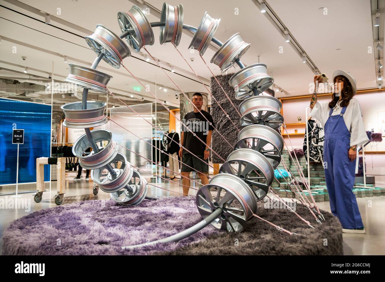 An art installation using car wheel hubs at the Reel shopping mall at Jing’an Temple, Shanghai
