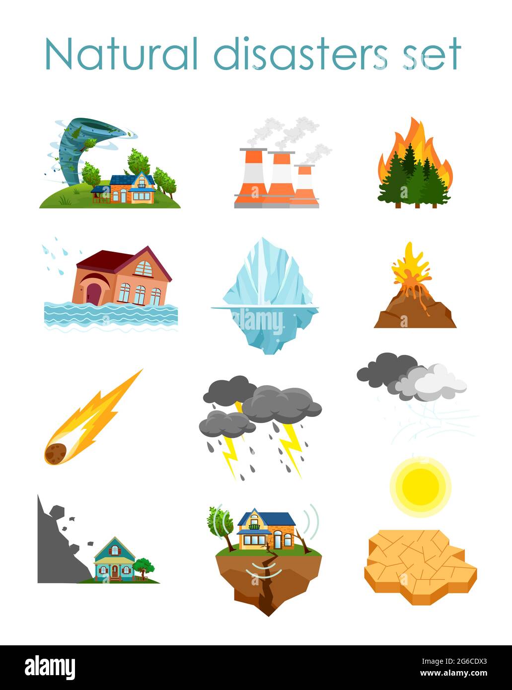 Vector illustration set of color icons natural disasters isolated on white background, collection of elements storm, fire and hurricane. Stock Vector