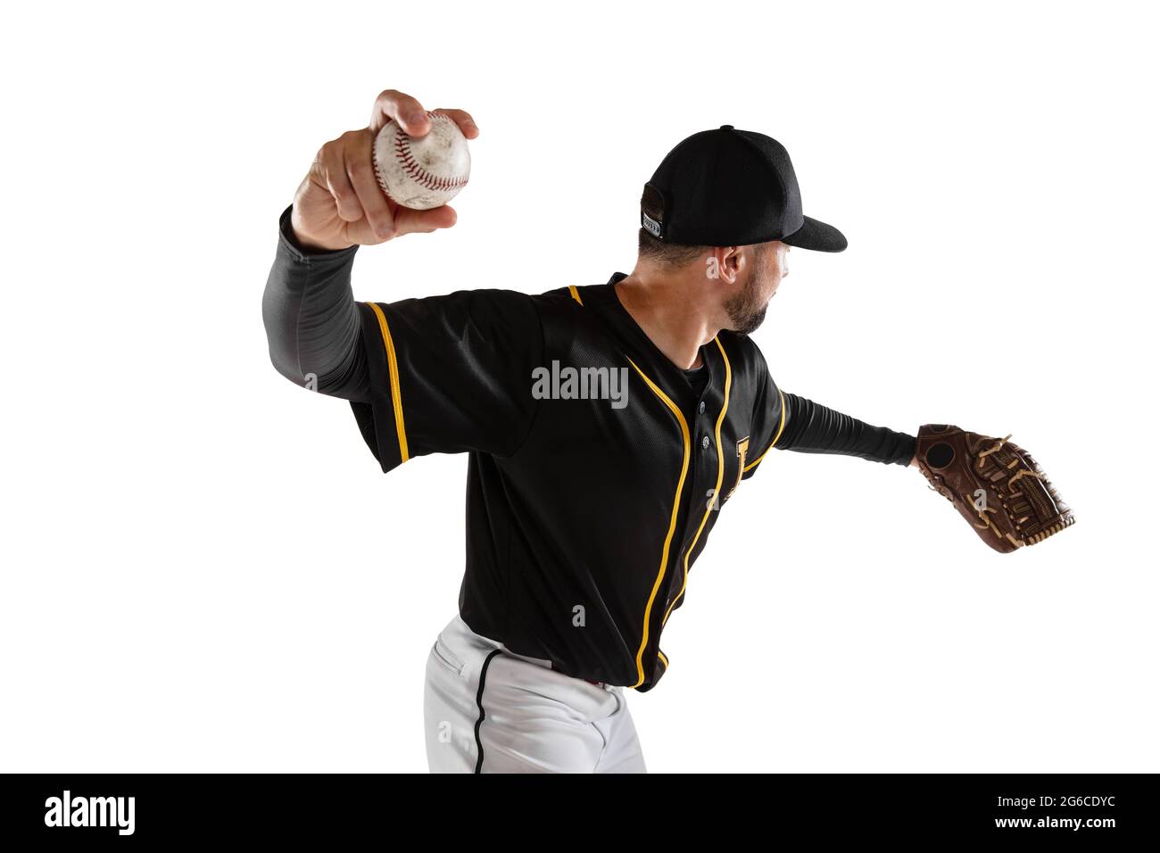 Baseball player, catcher in a black white sports uniform practicing isolated on a white studio background. Back view Stock Photo