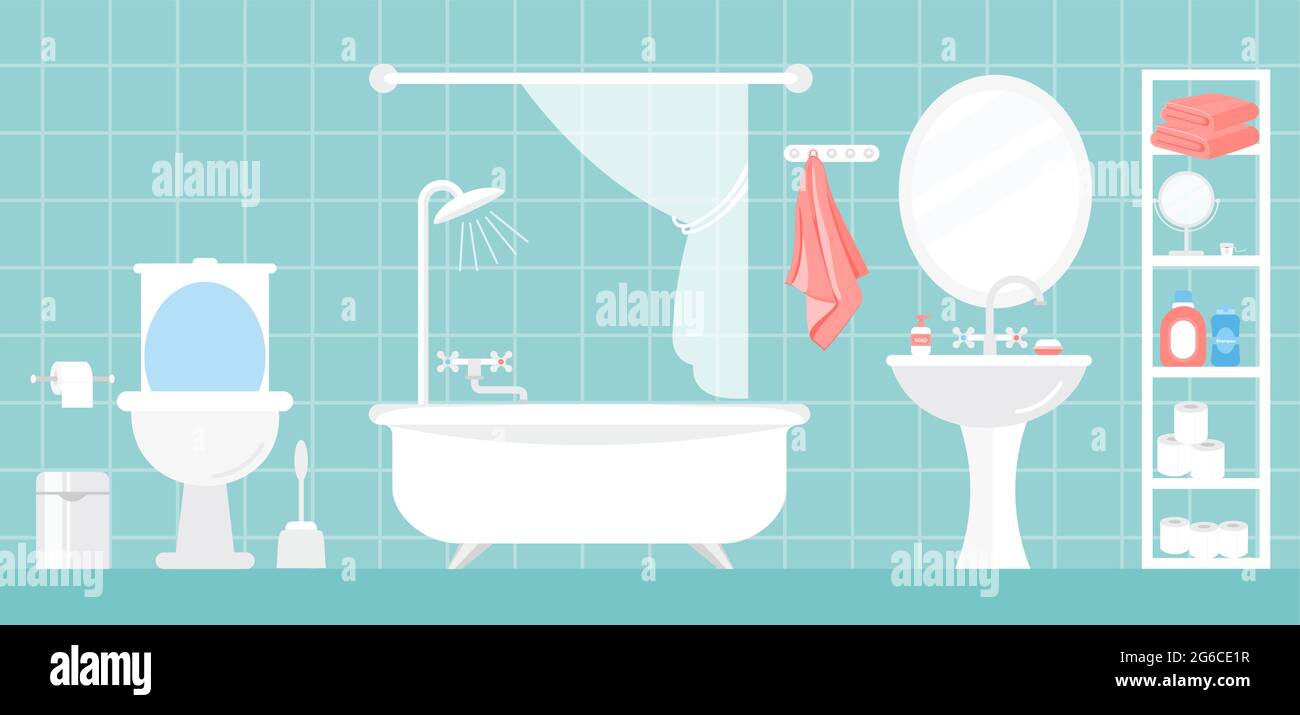 Vector illustration of modern bathroom interior in white and blue colors in flat cartoon style. Stock Vector