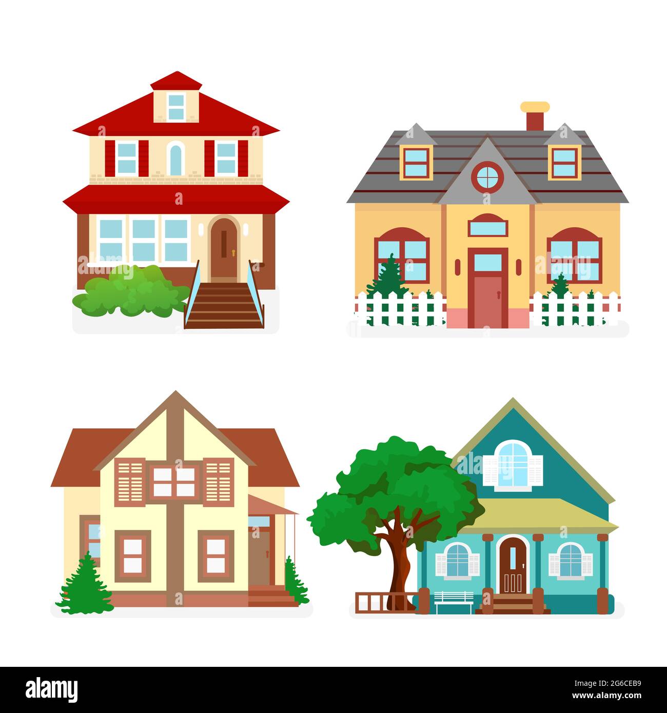Vector illustration set of cute colorful houses. Country flat buildings in cartoon style. Stock Vector