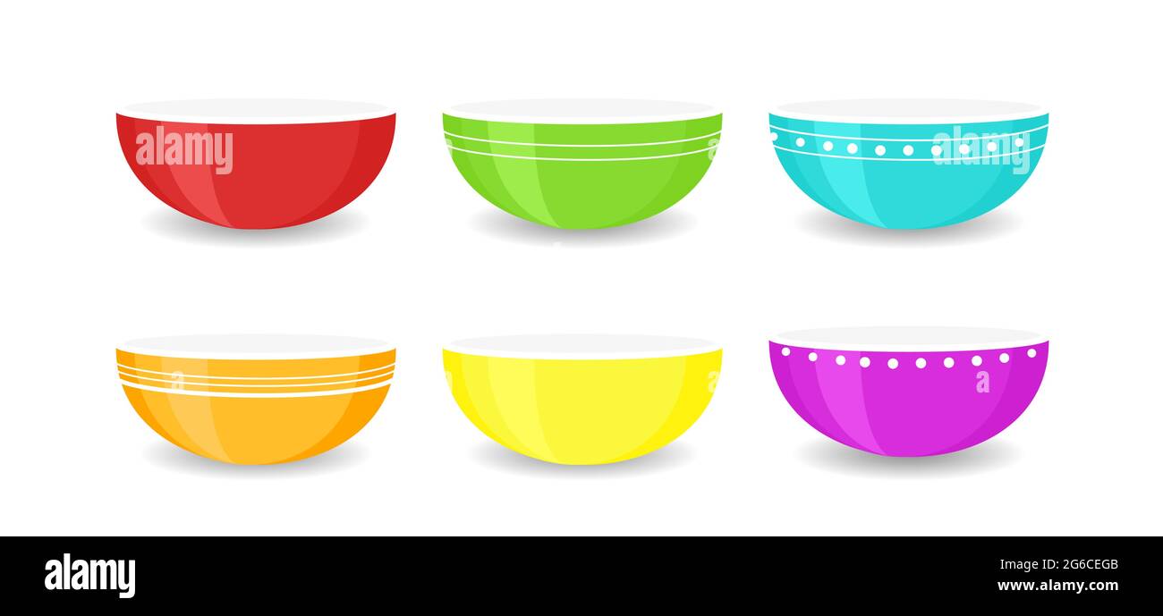 Vector illustration set of colourful empty bowls isolated on white background. Porcelain ceramic plates, colored dishware bowl collection. Stock Vector