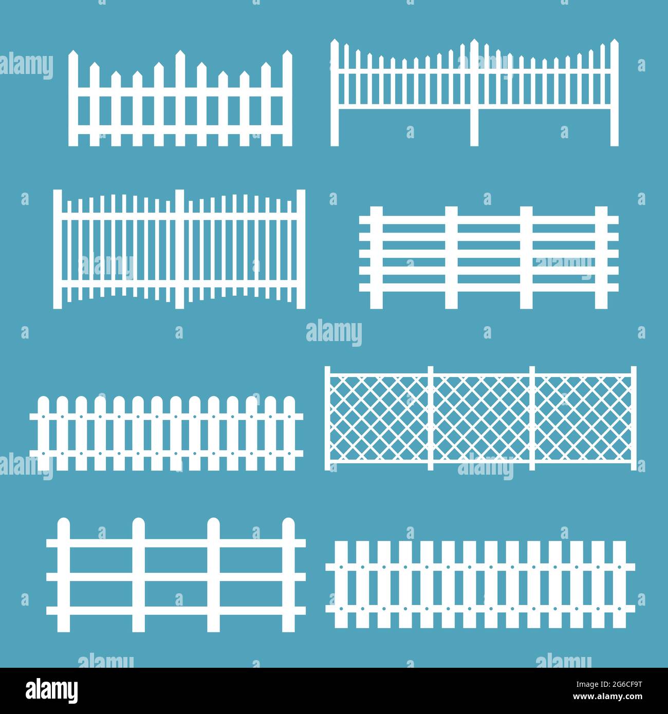 Vector illustration set of different fences white color. Rural silhouettes wooden fences, pickets vector for garden in flat style. Stock Vector