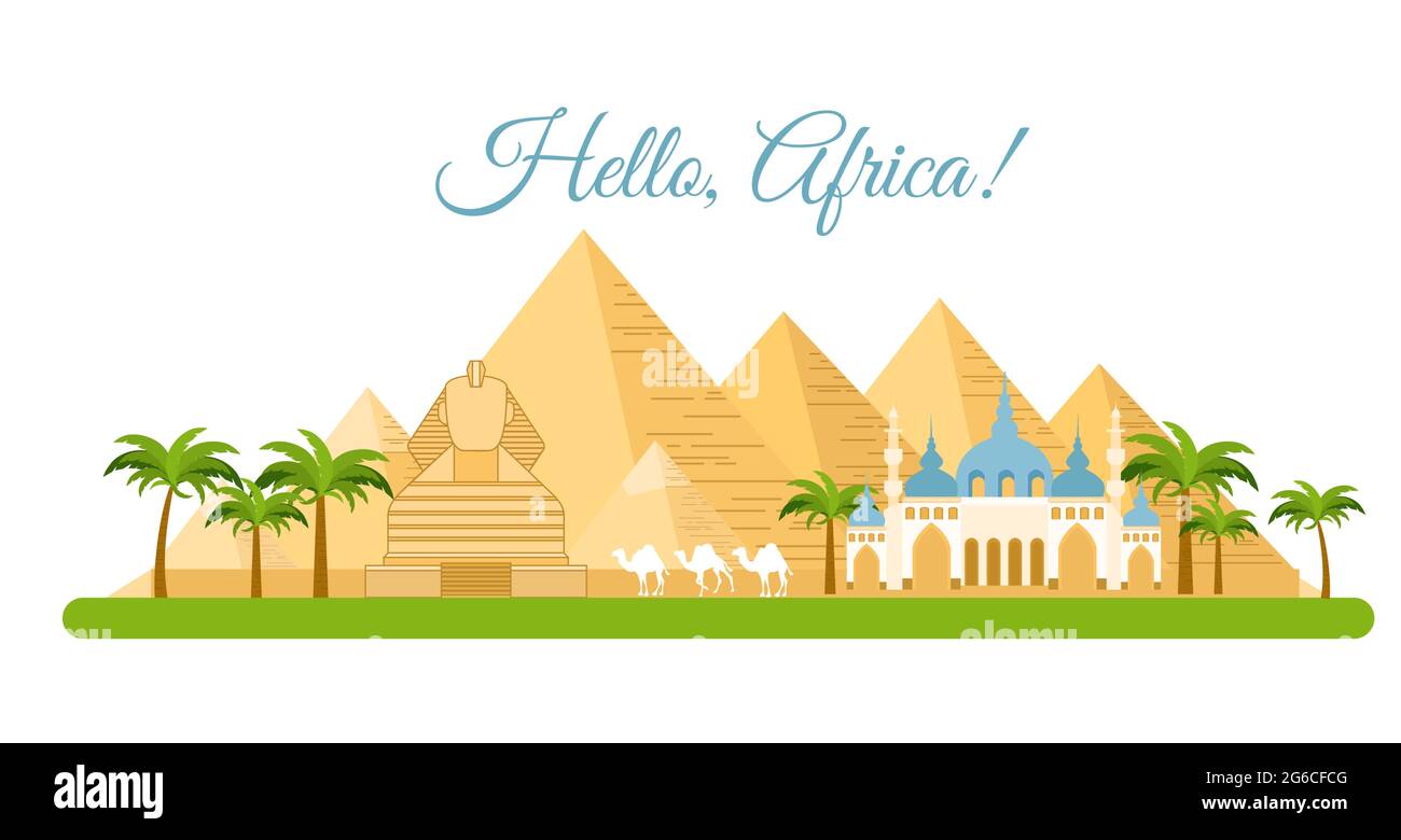 Vector illustration of Africa travel concept. Pyramid symbol of Egypt, background Hello Africa, Tourism and traveling concept in flat style. Stock Vector