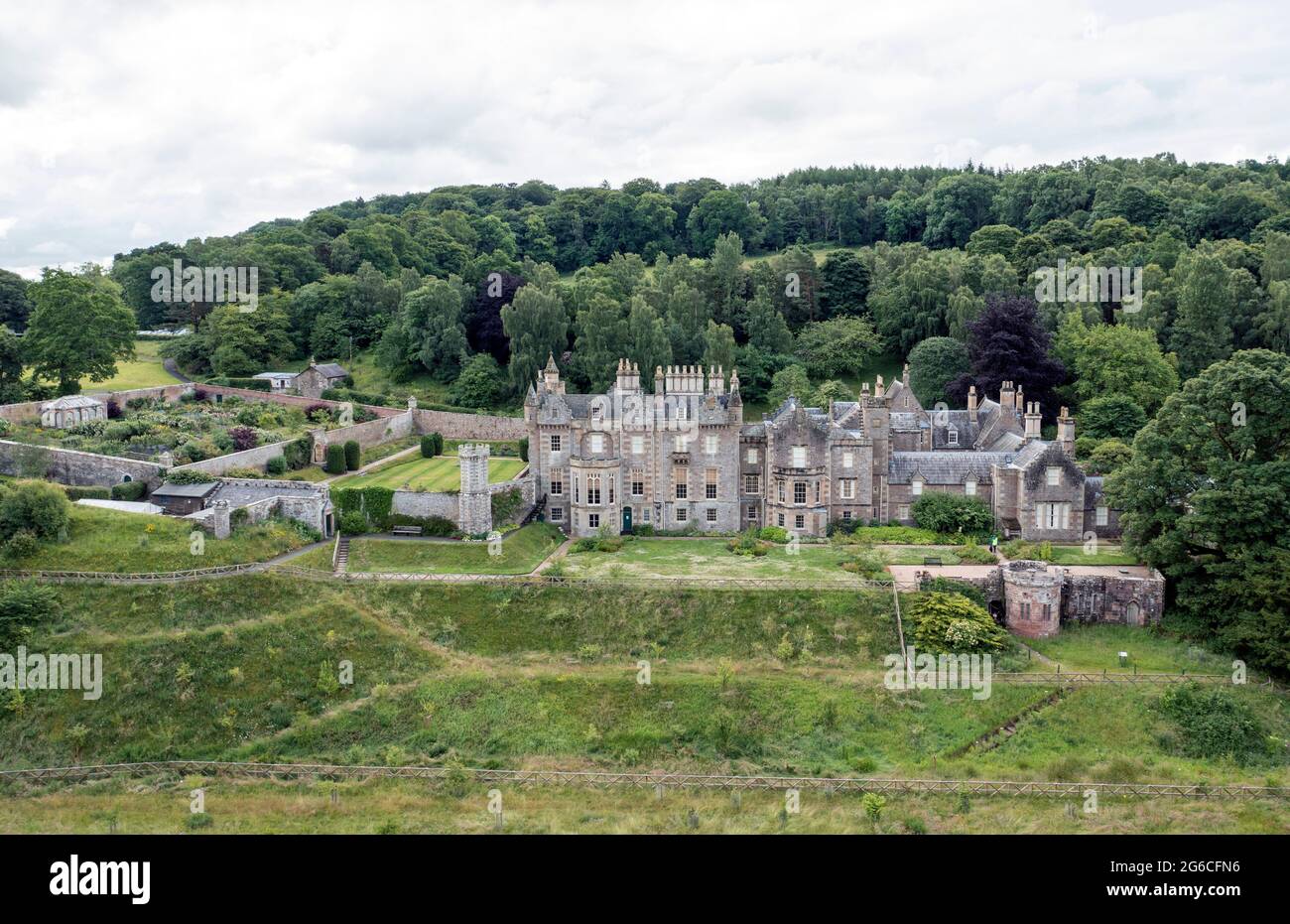 Abbotsford House which sits on the banks of the River Tweed near Galashiels, Scotland. The house was the home of novelist and poet Sir Walter Scott. Stock Photo