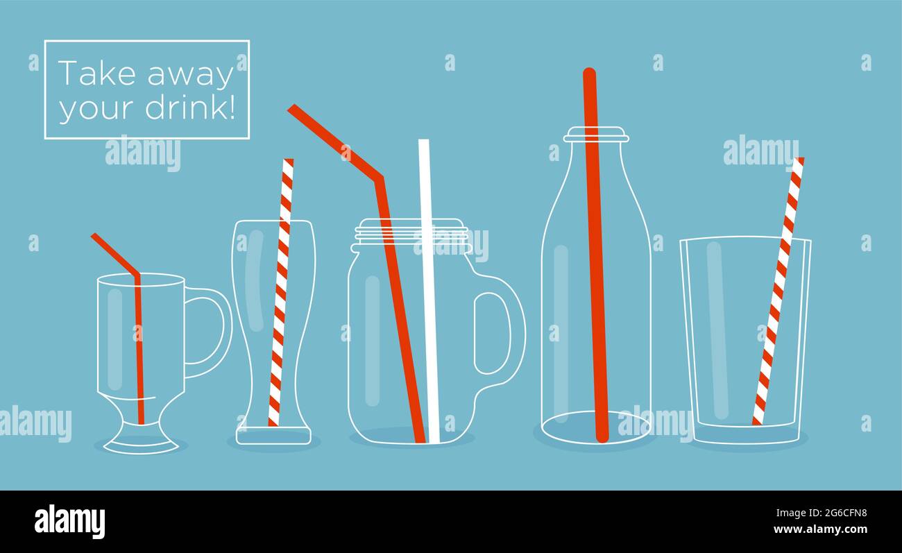Vector illustration set of glasses and bottles for drinks. Jars, cups and glasses with drinking straws. Used for juice bar printables for menu design Stock Vector