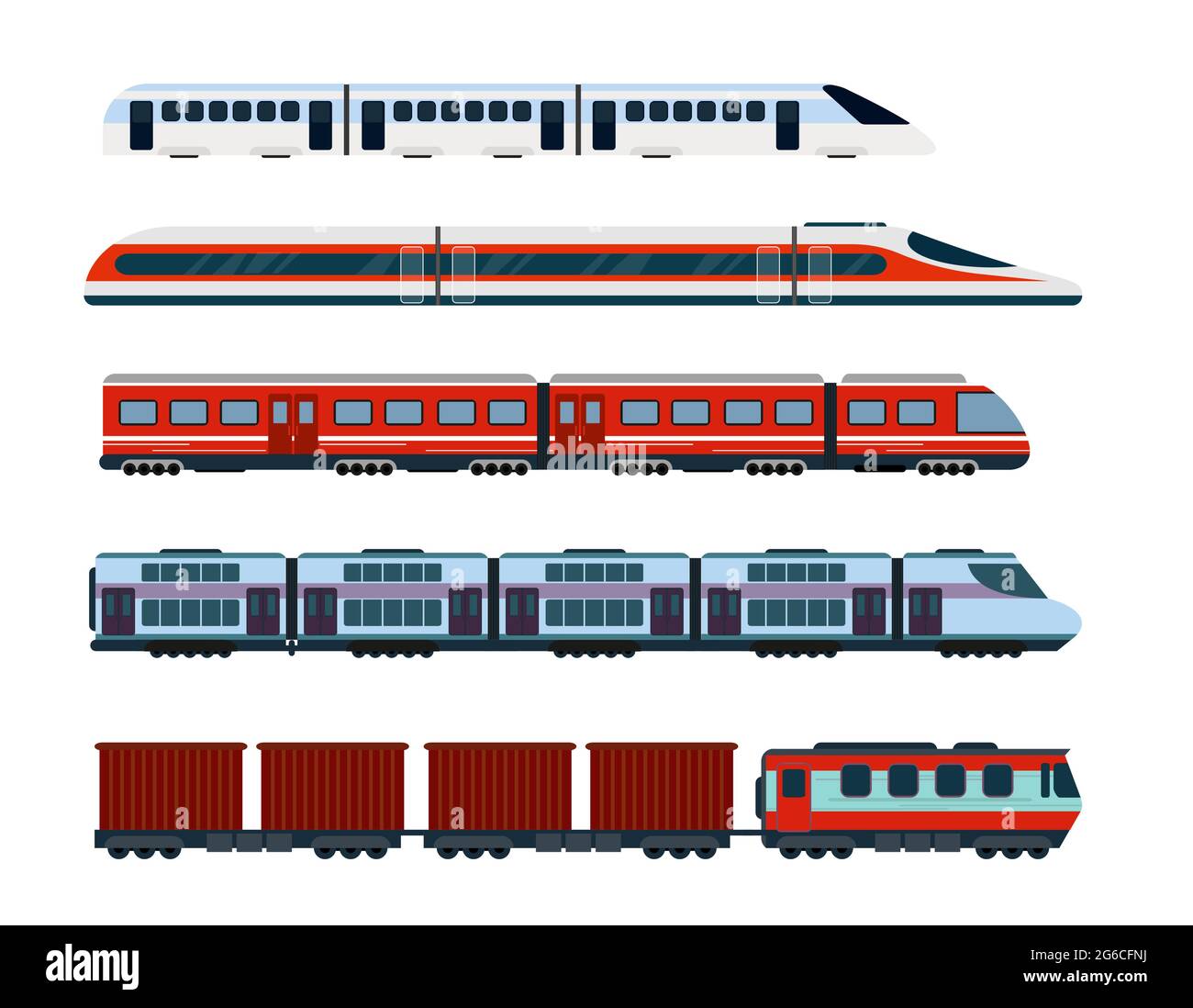 Vector illustration set of modern passenger trains. Subway transport, high speed trains and underground train. Metro train in flat style. Stock Vector