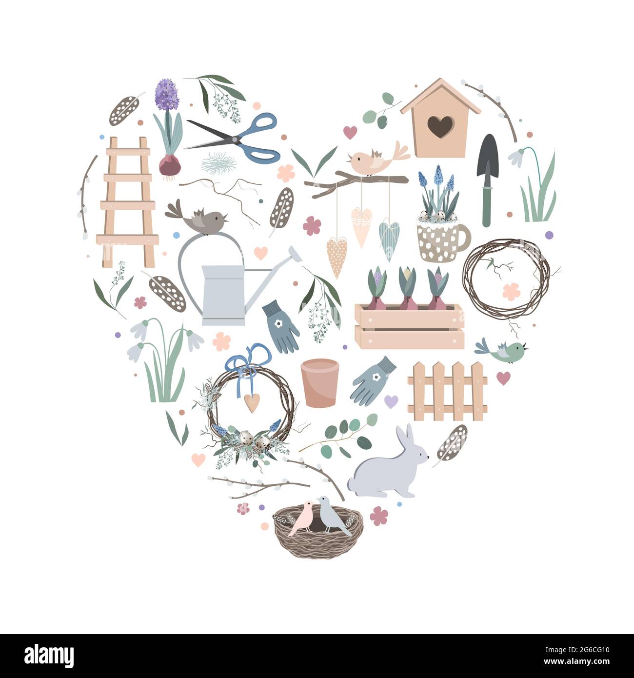 Colorful vector heart made of cute funny garden tools, clothes and vegetables. Can be used for fabrics, wallpapers, patterns, stickers, cards, design Stock Vector