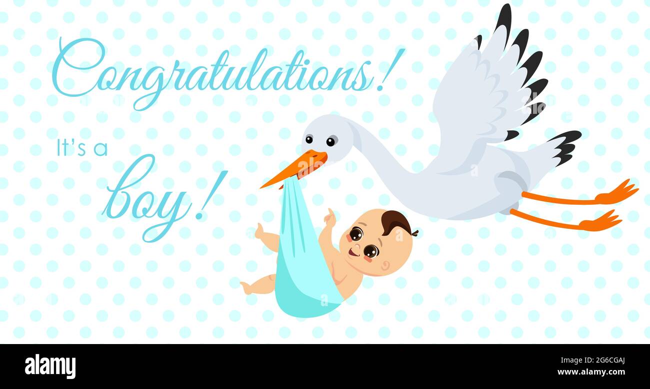 Vector illustration of happy stork carrying cute baby boy in bag. It s a boy Newborn baby concept in cartoon style for greeting card. Stock Vector
