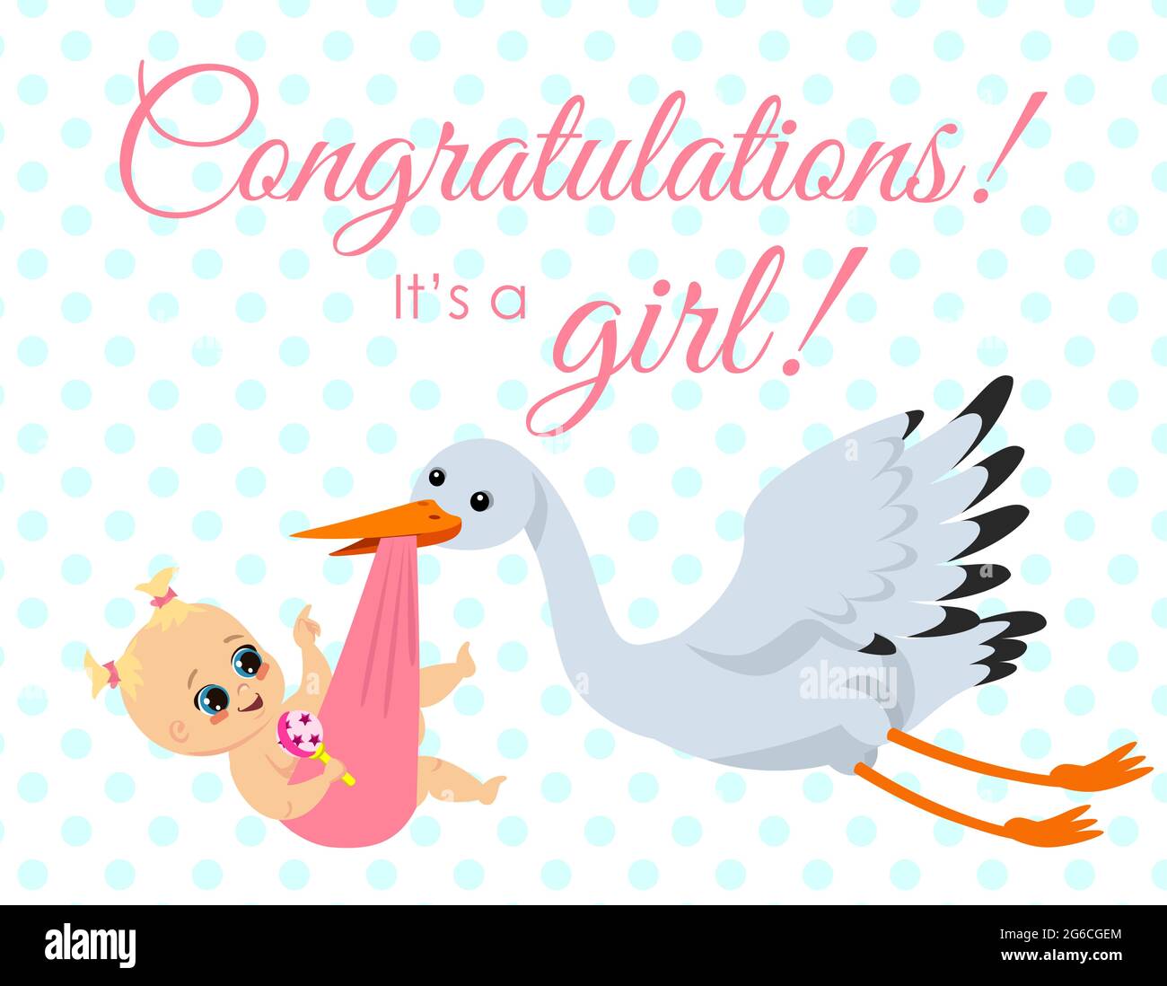 Vector illustration of greeting card with stork carrying newborn babygirl with congratulation text. Happy baby girl in cartoon flat style. Stock Vector