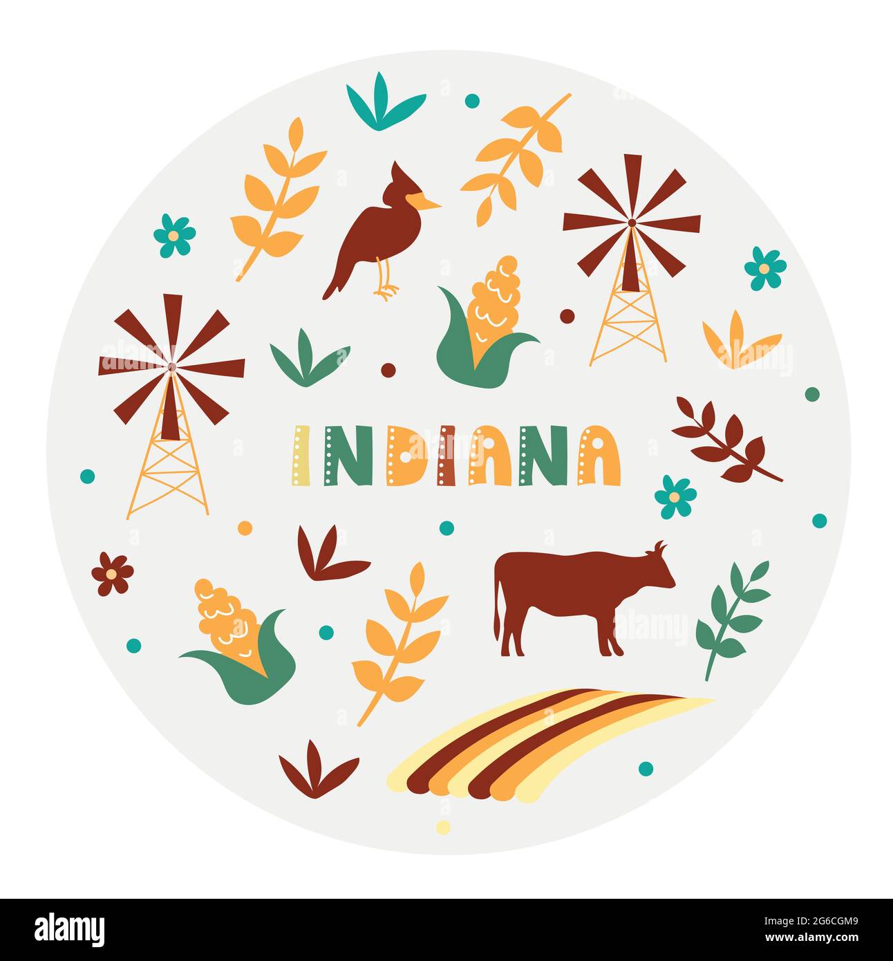 USA collection. Vector illustration of Indiana. State Symbols - round shape Stock Vector