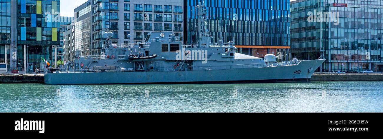 The Irish Naval vessel the L. E. Roisin berthed here in Sir John Rogersons Quay in Dublin. It is involved in fishery protection and search & rescue. Stock Photo