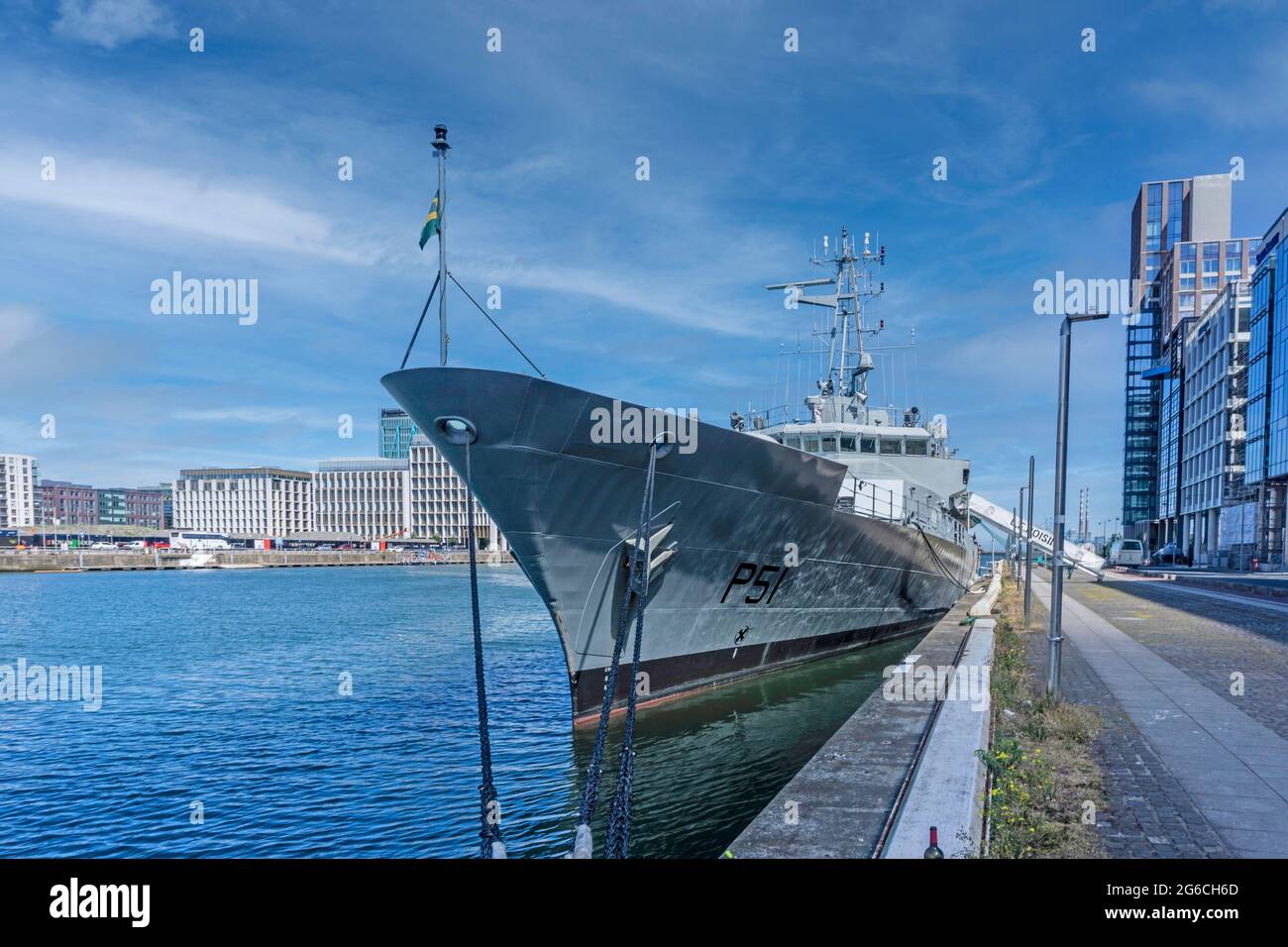 The Irish Naval vessel the L. E. Roisin berthed here in Sir John Rogersons Quay in Dublin. It is involved in fishery protection and search & rescue. Stock Photo