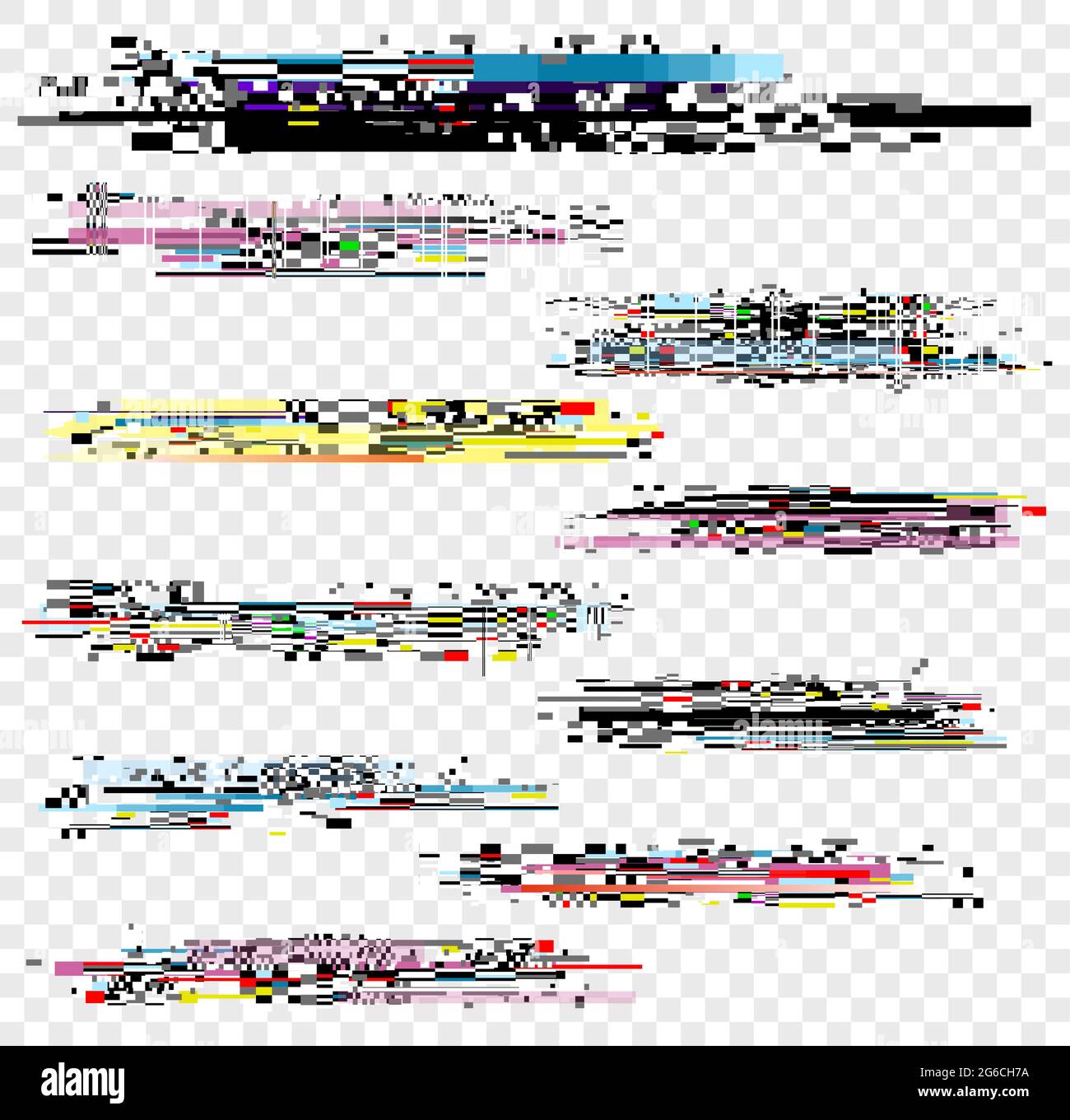 Vector illustration set of noise effect, decay signal glitch elements isolated on white background. Grunge monitor and Tv screen problems set. Stock Vector
