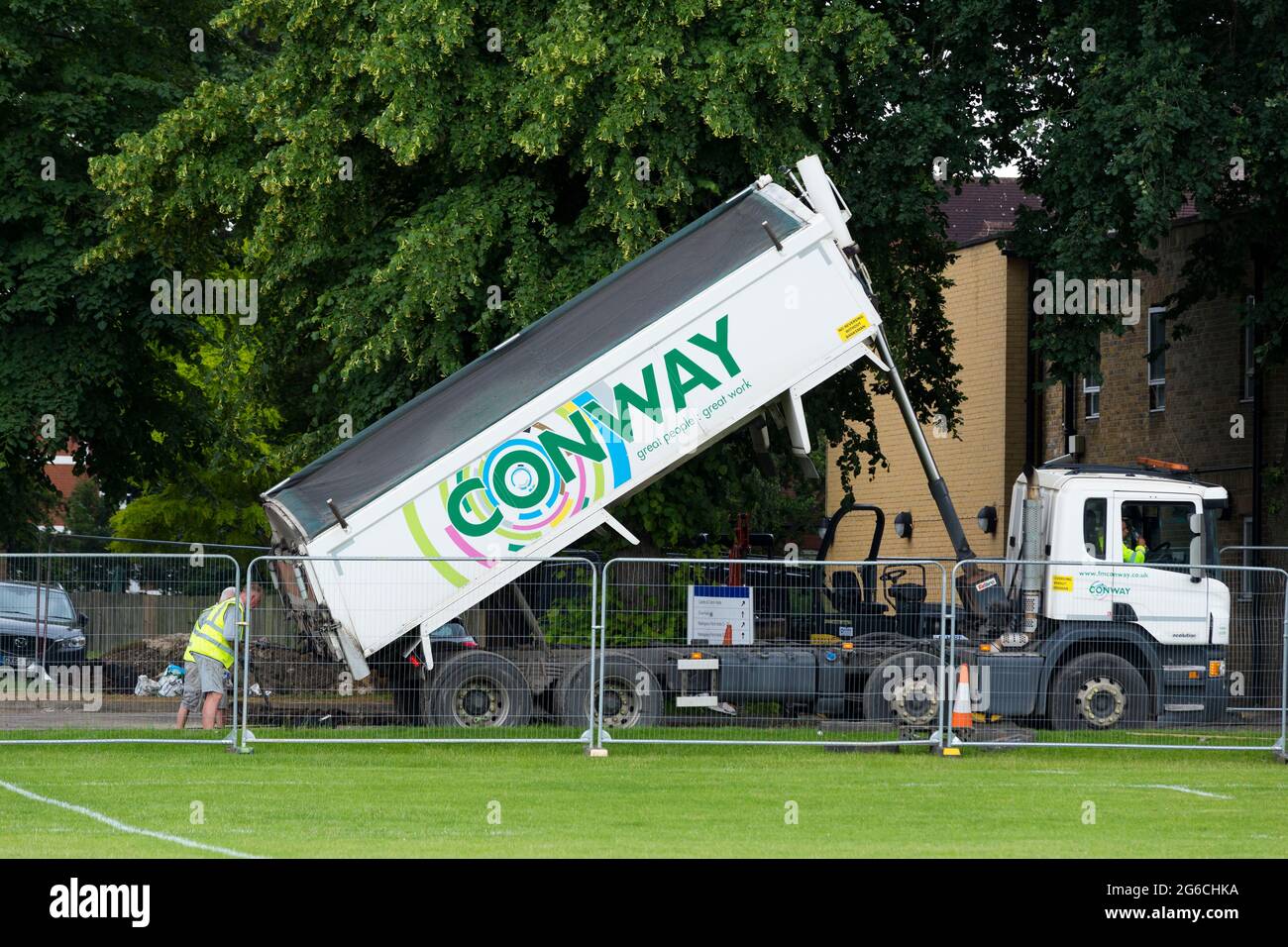 FM Conway Construction lorry vehicle delivering materials to road surfacing building site in London UK. Company slogan 'great people: great work (124) Stock Photo