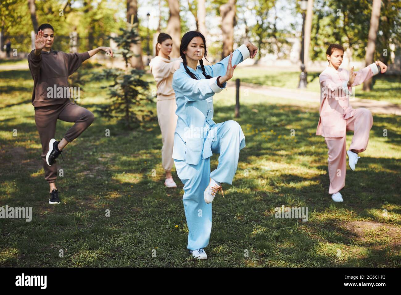 Kung fu female class perfecting their crane stance Stock Photo - Alamy