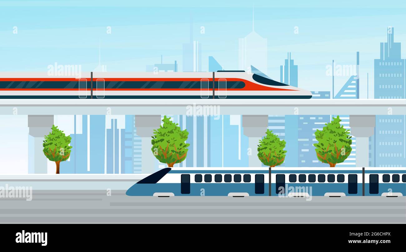Vector illustration of modern trains go through the urban buildings city. Public transportation, city background in flat style. Stock Vector