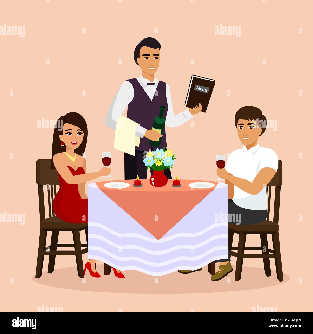 Vector illustration of loving couple in restaurant with waiter, drinking wine in a cafe. Man and woman have a date, flat cartoon style. Stock Vector