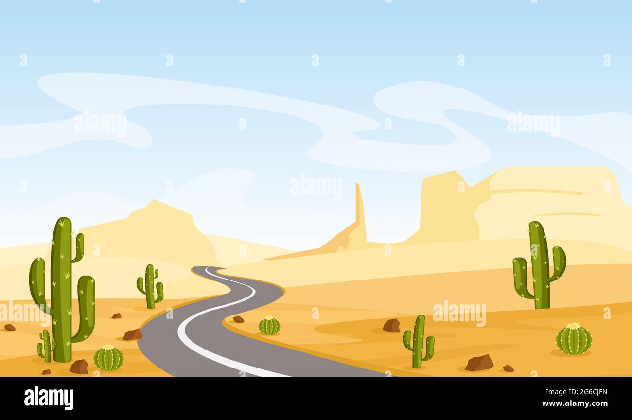 Vector illustration of desert landscape with cactuses and asphalt road, in cartoon flat style. Stock Vector