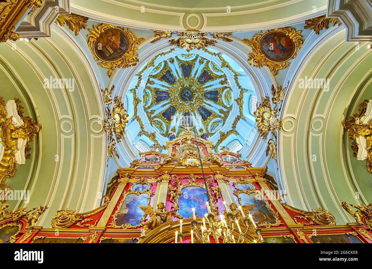 KYIV, UKRAINE - MAY 18, 2021: The ornate Baroque dome of St Andrew's Church with gilt, stucco moulding and paintings, on May 18 in Kyiv Stock Photo