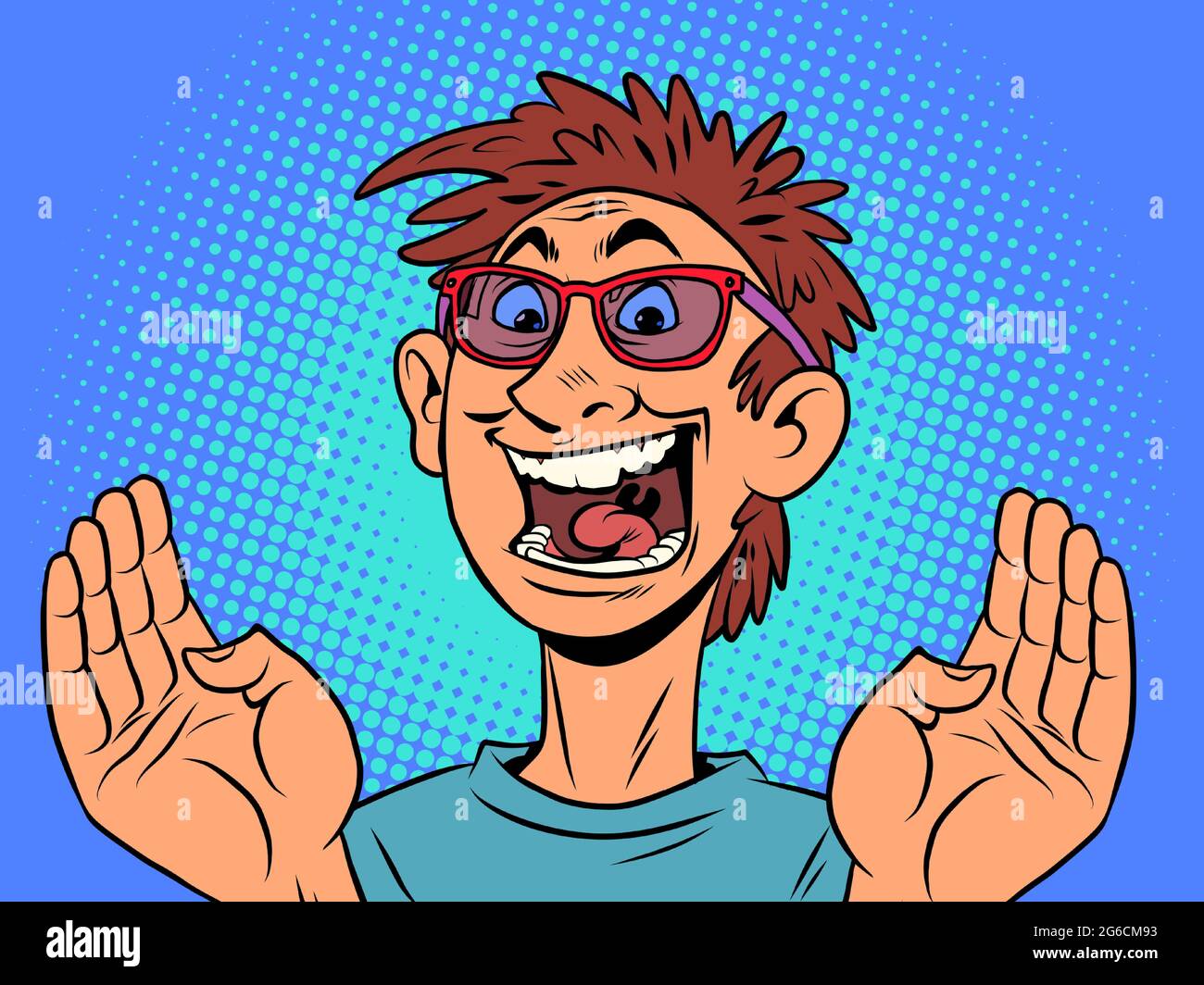 The joyful young man shouts. Emotions happiness is positive. Human face Stock Vector