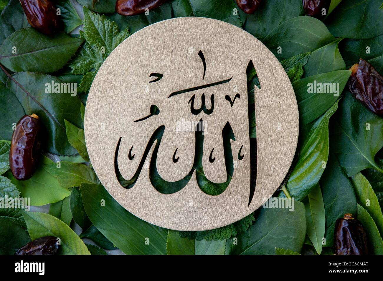 Name of Allah in arabic on gold wood, green leaves and dates fruit background. Calligraphy means the God Al Mighty of Islam Religion. Stock Photo