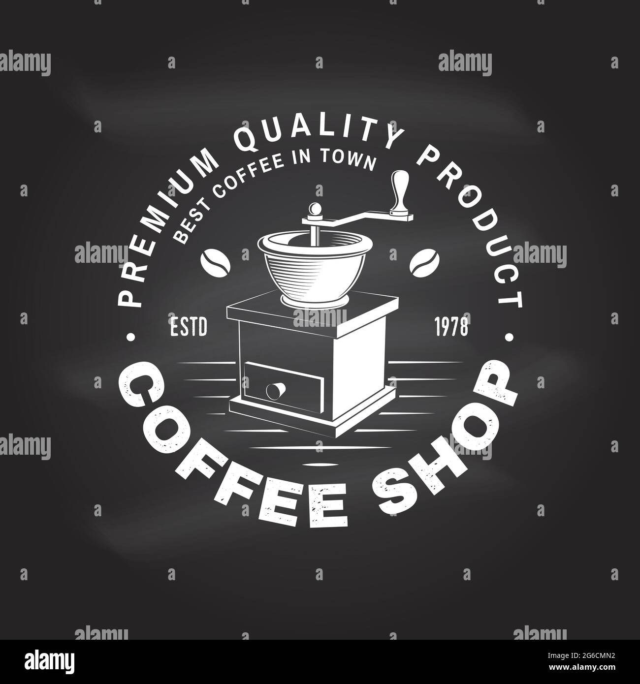 Coffe shop logo, badge template on the chalkboard. Vector illustration. Typography design with coffee grinder silhouette. Template for menu for restau Stock Vector