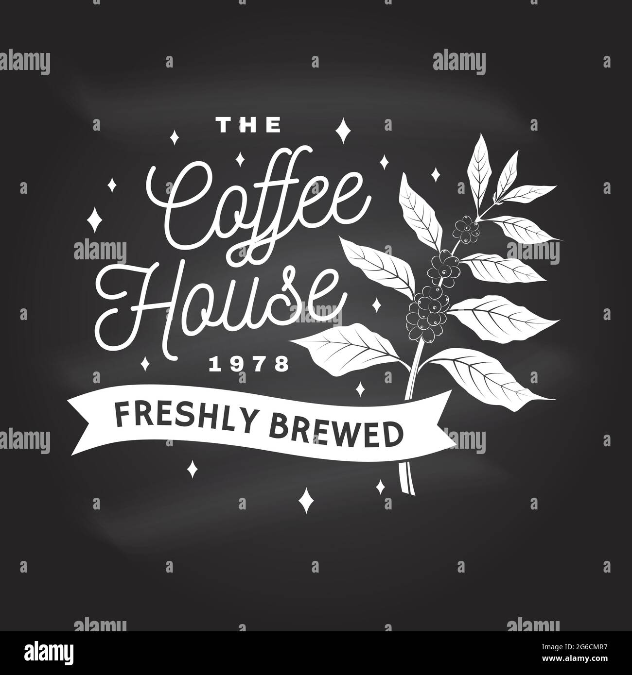 Coffe house logo, badge template on the chalkboard. Vector . Typography design with coffee cup and branch of coffee tree silhouette. Template for menu Stock Vector