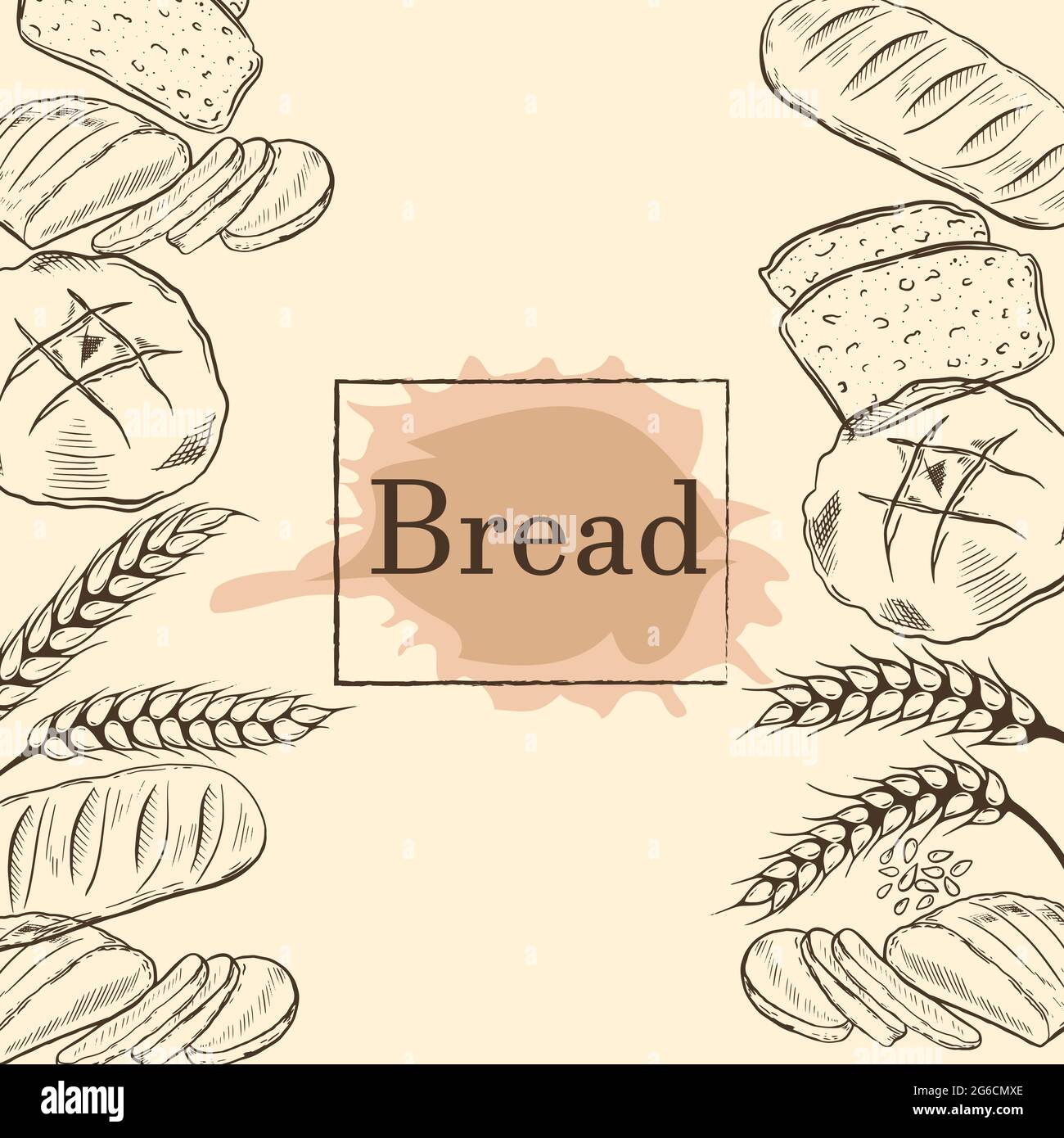 Background with loaves of bread and spikelets of grains, vector illustration. Frame, baked goods, vintage style. Hand drawing. Stock Vector