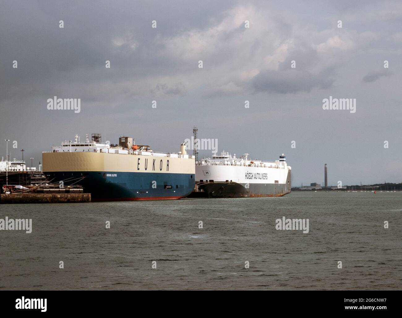 Ships coming in and out Southampton Docks, Fawley Oil Refinery, and Cruise port for trade and exports / imports. One of the busiest waterways. Stock Photo