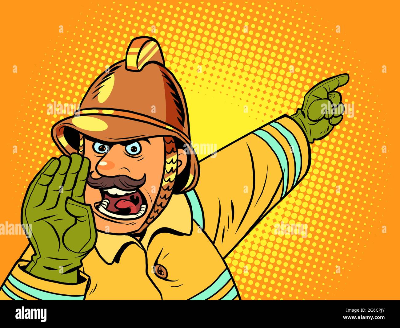 Retro fireman yells about a fire. Danger and rescuers Stock Vector