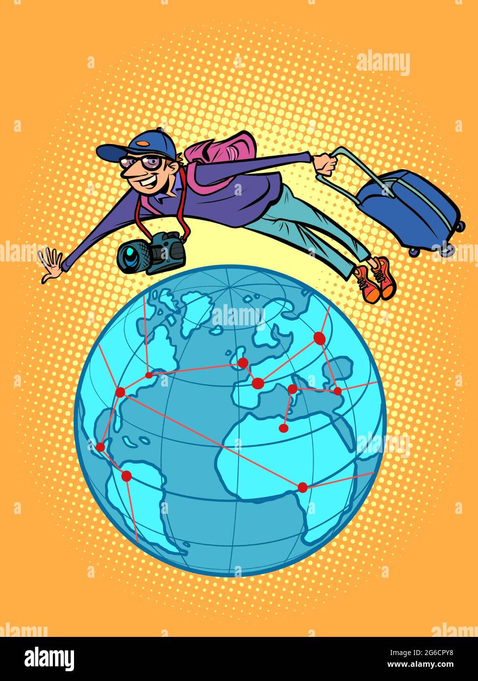 a male traveler is flying over the planet Earth, a weekend trip, a vacation Stock Vector