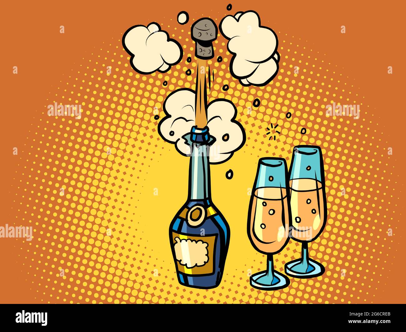 A bottle of champagne shoots a cork, glasses of wine. Celebration birthday wedding Stock Vector